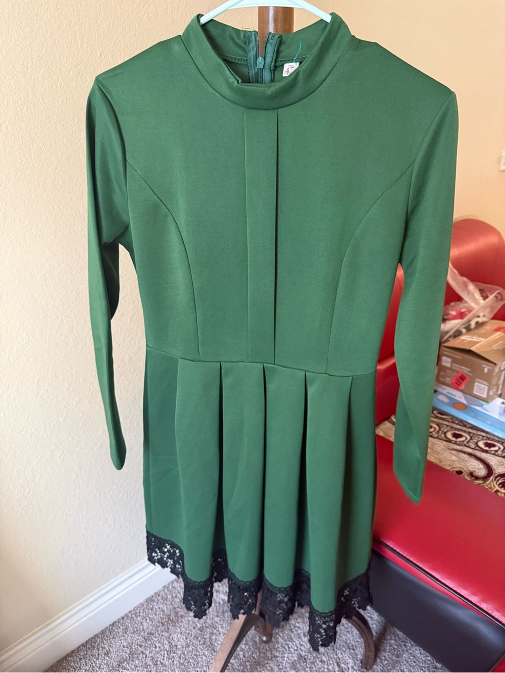Women's Green Long Sleeve Lace Trim Knee-Length Dress- brand new, size- S/M